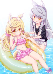 Rule 34 | 2girls, animal ear fluff, animal ears, bare arms, bare shoulders, bikini, bikini under clothes, black bikini, blonde hair, breasts, brown eyes, closed mouth, commentary request, dog ears, dog girl, dog tail, flower, grey hair, hair between eyes, hair ornament, hair scrunchie, harada (sansei rain), highres, hood, hood down, hooded jacket, innertube, jacket, jewelry, long hair, long sleeves, low twintails, multiple girls, navel, open clothes, open jacket, original, parted lips, pendant, pink bikini, pink scrunchie, scrunchie, short shorts, shorts, small breasts, smile, standing, swim ring, swimsuit, tail, twintails, very long hair, water, wavy mouth, white flower, white jacket, white shorts