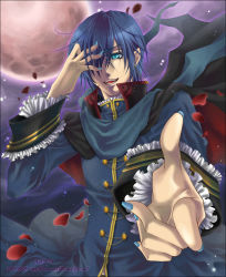 Rule 34 | 1boy, blue eyes, blue hair, earrings, fangs, frills, full moon, hair over one eye, jewelry, kaito (vocaloid), male focus, matching hair/eyes, moon, nail polish, outdoors, petals, sky, solo, vocaloid, yami no ou (vocaloid)