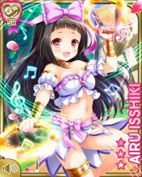 Rule 34 | 1girl, black hair, bow, bra, bracelet, chakram, character name, collar, girlfriend (kari), green background, house, idol clothes, isshiki airu, jewelry, legband, looking at viewer, musical note, navel, official art, open mouth, outdoors, pearl string, pink bow, pointing, qp:flapper, red eyes, sheet music, skirt, stomach, tagme, underwear, weapon, white bra, white skirt