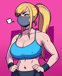 Rule 34 | 1girl, black choker, black mask, black wristband, blonde hair, blue bra, blue eyes, blush, bra, breasts, choker, cleavage, clenched hands, collarbone, female focus, from side, hair ornament, hands on own hips, highres, jam-orbital, large breasts, looking to the side, mask, metroid, midriff, mouth mask, navel, nintendo, pink background, pink scrunchie, ponytail, samus aran, scrunchie, simple background, solo, sports bra, steam, sweat, sweatdrop, underwear, upper body, wristband