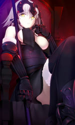 Rule 34 | 1girl, absurdres, armor, black thighhighs, breasts, fate/grand order, fate (series), fur trim, gauntlets, greaves, headpiece, highres, jeanne d&#039;arc (fate), jeanne d&#039;arc alter (avenger) (fate), jeanne d&#039;arc alter (avenger) (third ascension) (fate), jeanne d&#039;arc alter (fate), looking at viewer, machimura komori, medium breasts, ruler (fate/grand order), short hair, sideboob, silver hair, sitting, solo, thighhighs, weapon, yellow eyes