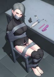 Rule 34 | 1girl, anal beads, angry, barefoot, bdsm, black sweater, blazer, blush, bondage, bound, bow, bow panties, breasts, brown eyes, brown panties, butt plug, chair, clothes pull, commentary, dildo, earrings, egg vibrator, gag, gbeeee, grey blazer, grey hair, hair behind ear, hair ornament, hairpin, highres, hitachi magic wand, improvised gag, interrogation, jacket, jewelry, lace, lace panties, large breasts, long hair, looking at viewer, niijima sae, panties, pants, pants pull, persona, persona 5, remote control vibrator, restrained, scissors, see-through, sex toy, sitting, solo, sweat, sweater, table, tape, tape bondage, tape gag, thighs, tied to chair, turtleneck, turtleneck sweater, underwear, vibrator, vibrator under clothes, vibrator under panties