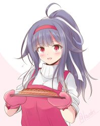 Rule 34 | 1girl, ahoge, apron, cowboy shot, hair ribbon, hairband, highres, kantai collection, long hair, one-hour drawing challenge, oven mitts, ponytail, purple hair, red apron, red eyes, red hairband, ribbon, ryuuhou (kancolle), shizuna kaede, sleeves rolled up, solo, sweater, taigei (kancolle), turtleneck, turtleneck sweater, twintails, white ribbon, white sweater