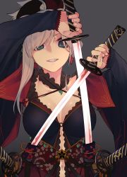 Rule 34 | 1girl, absurdres, asymmetrical hair, blue eyes, blue sleeves, breasts, choker, cleavage, detached sleeves, dual wielding, fate/grand order, fate (series), grey background, grin, hair ornament, haruba negi, highres, holding, holding sword, holding weapon, jewelry, katana, large breasts, long hair, long sleeves, looking at viewer, magatama, magatama necklace, miyamoto musashi (fate), miyamoto musashi (third ascension) (fate), navel, necklace, red ribbon, ribbon, sheath, silver hair, smile, solo, swept bangs, sword, unsheathing, upper body, weapon, wide sleeves