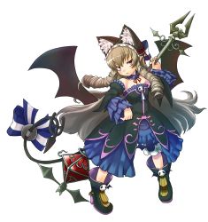 Rule 34 | 1girl, :&lt;, absurdres, animal ears, bare shoulders, bat (animal), bat ears, black footwear, blush, boots, breasts, cat ears, closed mouth, collarbone, demon girl, drill hair, full body, grey hair, high heel boots, high heels, highres, holding, holding weapon, kanatarou, long hair, looking at viewer, luca yurievna vinakol, medium breasts, official art, pointy ears, red eyes, solo, transparent background, trouble witches, trouble witches neo, twin drills, very long hair, weapon