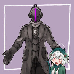 Rule 34 | 1boy, 1girl, :d, absurdres, black coat, black pants, blush, bondrewd, coat, gloves, green gloves, green hat, hat, heart, helmet, highres, jacket, long sleeves, looking at another, made in abyss, open mouth, pants, prushka, purple background, red eyes, short hair, smile, standing, usuki (usukine1go), whistle, white hair