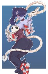 Rule 34 | 1girl, ass, blue background, blue hair, blue skin, border, colored skin, detached collar, highres, looking at viewer, looking back, looking down, red eyes, side ponytail, skullgirls, smile, solo, squigly (skullgirls), stitches, striped legwear, tagme, white border, yellow eyes, zombie