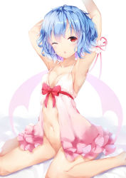 Rule 34 | 1girl, armpits, arms up, babydoll, blue hair, breasts, chestnut mouth, cleavage, commentary request, highres, looking at viewer, medium breasts, navel, no panties, one eye closed, red eyes, remilia scarlet, simple background, sitting, solo, tamakinoki, touhou, wings