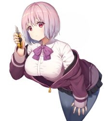 Rule 34 | 10s, 1girl, black skirt, blush, bow, boxcutter, breasts, closed mouth, collared shirt, commentary request, fingernails, gradient hair, grey pantyhose, gridman universe, hair between eyes, hand on leg, hand on own thigh, head tilt, highres, holding, jacket, large breasts, long sleeves, looking at viewer, miniskirt, multicolored hair, off-shoulder jacket, off shoulder, pantyhose, pleated skirt, purple bow, purple hair, purple jacket, rangen, red eyes, shinjou akane, shirt, simple background, skirt, sleeves past wrists, solo, ssss.gridman, white background, white shirt