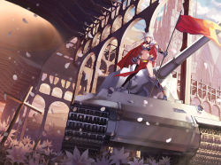 Rule 34 | 1girl, bra, breasts, building, cape, caterpillar tracks, dutch angle, flag, flower, from below, gauntlets, hair ornament, large breasts, legs, long hair, long legs, lowe (tank), military, military vehicle, motor vehicle, on vehicle, original, paku, petals, red eyes, solo, sunlight, sunset, tank, thighs, underwear, vehicle, white hair