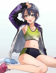 Rule 34 | 1girl, absurdres, armpits, black eyes, blush, breasts, grey eyes, highres, idolmaster, idolmaster cinderella girls, idolmaster cinderella girls starlight stage, looking at viewer, navel, open mouth, otokura yuuki, shoes, short hair, small breasts, smile, sneakers, solo, sports bikini, sweat, track and field, track uniform, yano sou