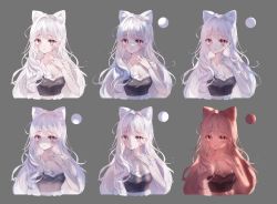 Rule 34 | 1girl, :o, absurdres, animal ear fluff, animal ears, blush, breasts, cleavage, collarbone, commentary, cropped torso, full moon, grey background, grey eyes, hair intakes, hand up, highres, long hair, looking at viewer, medium breasts, moon, original, parted lips, shirt, simple background, single sleeve, symbol-only commentary, tandohark, upper body, white hair, white shirt