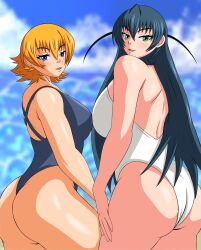 Rule 34 | 2girls, absurdres, ass, black one-piece swimsuit, blonde hair, blue hair, breasts, curvy, highleg, highleg swimsuit, highres, huge ass, igawa asagi, igawa sakura, large breasts, long hair, looking at viewer, looking back, multiple girls, one-piece swimsuit, shiny clothes, shiny skin, short hair, siblings, simple background, sisters, skindentation, smile, swimsuit, taimanin (series), taimanin asagi, thick thighs, thighs, white one-piece swimsuit, wide hips