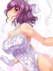 Rule 34 | 1girl, armpits, bare shoulders, blush, bow, breasts, character request, cleavage, closed mouth, collarbone, copyright request, from side, gloves, hair bow, large breasts, leotard, looking at viewer, looking to the side, purple eyes, purple hair, shiny skin, smile, solo, suikamaru, white bow, white gloves, white leotard