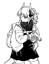 Rule 34 | 1girl, arknights, backpack, bag, closed mouth, commentary request, cowboy shot, dragon girl, dragon horns, expressionless, greyscale, gun, handgun, haruichi (sazanami complex), hatching (texture), high collar, holding, holding gun, holding weapon, horns, jacket, linear hatching, liskarm (arknights), long sleeves, looking to the side, medium hair, miniskirt, monochrome, open clothes, open jacket, simple background, skirt, solo, standing, strap, sweater, thighhighs, turning head, turtleneck, turtleneck sweater, unfinished, weapon, white background
