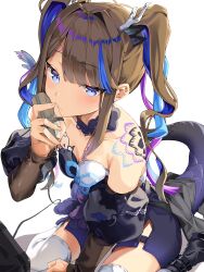 Rule 34 | 1girl, absurdres, airi kanna, blue eyes, blue hair, brown hair, byaul, collar, dragon horns, dragon tail, highres, horns, long hair, long sleeves, looking at viewer, microphone, multicolored hair, puffy long sleeves, puffy sleeves, shoulder tattoo, side slit, simple background, sitting, solo, stellive, strapless, streaked hair, swept bangs, tail, tattoo, thighhighs, twintails, very long hair, virtual youtuber, wariza, white background, white thighhighs