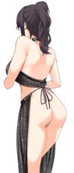 Rule 34 | 1girl, absurdres, ass, back, bare back, bare shoulders, black dress, black hair, commentary request, dimples of venus, dress, facing away, from behind, grabbing, grabbing from behind, halter dress, halterneck, highres, jack dempa, medium hair, natsukawa kuroba (jack dempa), no bra, no panties, original, ponytail, revealing clothes, sidelocks, simple background, solo, standing, white background