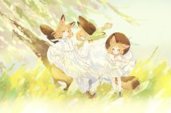 Rule 34 | 3girls, animal ear fluff, animal ears, arms up, blonde hair, blush, boots, brown eyes, brown footwear, brown headwear, closed eyes, closed mouth, commentary request, cross-laced footwear, day, dress, flower, fox ears, fox girl, fox tail, grass, gwayo, hands on headwear, hat, hat on back, highres, lace-up boots, long sleeves, looking at viewer, multiple girls, original, outdoors, parted lips, puffy long sleeves, puffy sleeves, smile, standing, tail, tree, white dress, yellow flower