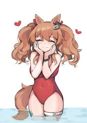 Rule 34 | 1girl, angelina (arknights), angelina (summer flower) (arknights), animal ears, arknights, bare shoulders, blush, casual one-piece swimsuit, closed mouth, fox ears, fox girl, fox tail, hands on own cheeks, hands on own face, heart, highres, infection monitor (arknights), long hair, material growth, one-piece swimsuit, oripathy lesion (arknights), purerin, solo, swimsuit, tail, twintails, wading