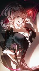 Rule 34 | 1girl, bear hair ornament, big hair, black bra, black shirt, blue eyes, bow, bra, breasts, choker, cleavage, commentary request, danganronpa: trigger happy havoc, danganronpa (series), enoshima junko, hair ornament, highres, holding, holding marker, junpaku karen, large breasts, looking at viewer, marker, nail polish, necktie, open mouth, red bow, red nails, shirt, shirt bow, sleeves rolled up, solo, twintails, two-tone necktie, underwear, white necktie