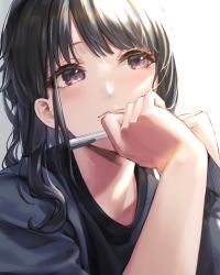 Rule 34 | 1girl, absurdres, black hair, hand on own chin, highres, holding, holding pen, idolmaster, idolmaster shiny colors, inumantle, kazano hiori, light smile, looking afar, mole, mole under mouth, pen, simple background, solo, wavy hair, white background