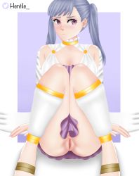 Rule 34 | 1girl, absurdres, arm support, artist name, black clover, blush, dress, earrings, embarrassed, eyebrows, eyelashes, hentile, highres, jewelry, legs together, no panties, noelle silva, nose blush, on floor, purple dress, purple eyes, purple hair, pussy, pussy peek, silver hair, simple background, sitting, skirt, solo, solo focus, twintails, twitter username