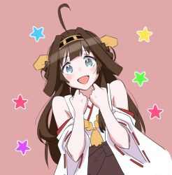 Rule 34 | 1girl, ahoge, brown hair, brown skirt, commentary request, double bun, grey eyes, hair bun, hairband, headgear, kantai collection, kongou (kancolle), long hair, looking at viewer, pink background, ribbon-trimmed sleeves, ribbon trim, skirt, smile, solo, star (symbol), starry background, tamu (mad works), upper body