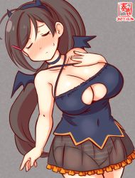 Rule 34 | 1girl, black shirt, blue panties, blush, breasts, brown hair, cleavage cutout, closed eyes, closed mouth, clothing cutout, collarbone, cosplay, covered navel, cowboy shot, demon horns, demon tail, demon wings, embarrassed, fake horns, gradient background, grecale (kancolle), grecale (kancolle) (cosplay), grey background, hair ornament, hair ribbon, hairclip, halloween, halloween costume, hand on own chest, horns, kanon (kurogane knights), kantai collection, large breasts, long hair, mamiya (kancolle), one-hour drawing challenge, panties, ponytail, ribbon, see-through, see-through skirt, shirt, skirt, sleeveless, sleeveless shirt, solo, striped clothes, striped panties, sweatdrop, tail, underwear, wings