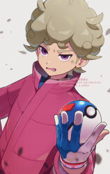 Rule 34 | 1boy, anger vein, bede (pokemon), blonde hair, blue shirt, coat, commentary request, creatures (company), curly hair, dynamax band, game freak, gloves, great ball, hand up, holding, holding poke ball, male focus, nintendo, open mouth, p 0 a, poke ball, pokemon, pokemon swsh, purple coat, purple eyes, shirt, short hair, solo, white background