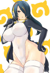 Rule 34 | 10s, 1girl, 22:22, bad id, bad pixiv id, black hair, black jacket, blush, breasts, brown eyes, covered erect nipples, covered navel, cowboy shot, curvy, emperor penguin (kemono friends), hair over one eye, headphones, highleg, highleg leotard, impossible clothes, impossible leotard, jacket, japari symbol, kemono friends, large breasts, leotard, long hair, looking at viewer, microphone, multicolored hair, nipples, open mouth, orange hair, see-through, solo, thighhighs, white leotard, white thighhighs, wide hips