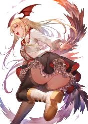Rule 34 | 1girl, ass, bat wings, black skirt, black thighhighs, blonde hair, blush, boots, breasts, collared shirt, fang, frilled skirt, frills, granblue fantasy, hair between eyes, head wings, highres, kakage, knee boots, long hair, long sleeves, looking at viewer, open mouth, pointy ears, red eyes, shirt, simple background, skirt, small breasts, smile, solo, thighhighs, vampy, white background, white footwear, white shirt, wings