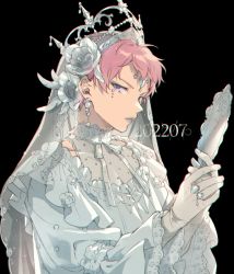 Rule 34 | 1boy, black background, circus66, clothing cutout, commentary, crown, dated, earrings, ensemble stars!, eyeshadow, feathers, flower, forehead jewel, frilled shirt, frills, gem, girly boy, gloves, grey eyeshadow, grey lips, hair flower, hair ornament, hand mirror, holding, holding mirror, itsuki shu, jewelry, lipstick, long sleeves, looking at viewer, makeup, male focus, mirror, parted lips, pearl (gemstone), pearl earrings, pink hair, purple eyes, ring, see-through, see-through gloves, shirt, short hair, simple background, symbol-only commentary, upper body, veil, white flower, white gloves, white shirt, wide sleeves