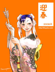 Rule 34 | 00s, 1girl, 2008, arrow (projectile), blue hair, breasts, capcom, chun-li, earrings, floral print, green eyes, hamaya, japanese clothes, jewelry, kimono, large breasts, lips, orange background, parted lips, simple background, smile, solo, street fighter