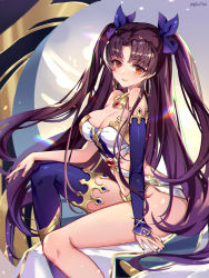 Rule 34 | 1girl, absurdres, black bow, black hair, black thighhighs, bow, breasts, cleavage, closed mouth, earrings, fate/grand order, fate (series), hair bow, heavenly boat maanna, highres, hoop earrings, ishtar (fate), jewelry, long hair, looking at viewer, medium breasts, melailai, navel, parted bangs, red eyes, shiny skin, single thighhigh, smile, solo, thighhighs, tohsaka rin, two side up