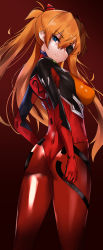 Rule 34 | 1girl, absurdres, ass, blue eyes, bodysuit, breasts, expressionless, eyepatch, from side, gradient background, hair ornament, highres, kyle (kysizzle), long hair, looking at viewer, looking back, medium breasts, neon genesis evangelion, orange hair, plugsuit, rebuild of evangelion, red background, red bodysuit, shiny clothes, sidelocks, simple background, solo, souryuu asuka langley, twintails, very long hair, wide hips
