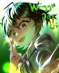 Rule 34 | 1girl, absurdres, antennae, commentary, dated, green background, green eyes, green hair, highres, long sleeves, looking at viewer, open mouth, short hair, solo, teeth, touhou, upper body, upper teeth only, wriggle day, wriggle nightbug, yomatsuri (festival night)