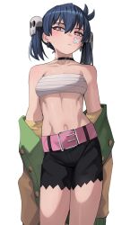 Rule 34 | 1girl, belt, belt buckle, black hair, black shorts, blush, breasts, buckle, closed mouth, collarbone, earrings, green jacket, hair between eyes, hair ornament, hands in pockets, highres, jacket, jewelry, ji-yoon (jourd4n), jourd4n, long sleeves, looking at viewer, navel, open clothes, open jacket, original, pink belt, red eyes, sarashi, short shorts, shorts, simple background, skull hair ornament, small breasts, solo, standing, twintails, white background