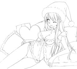 Rule 34 | 1girl, babydoll, breasts, chemise, christmas, cleavage, greyscale, hat, lace, lace-trimmed panties, lace trim, large breasts, long hair, mika mikan, monochrome, one eye closed, panties, santa hat, solo, thigh gap, thighs, underwear, underwear only, wink