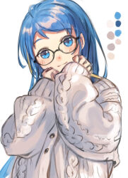 Rule 34 | 1girl, absurdres, bespectacled, black-framed eyewear, blonde hair, blue eyes, blue hair, blush, cardigan, commentary, glasses, grey cardigan, highres, kantai collection, long hair, long sleeves, looking at viewer, multicolored hair, rom (rommmoon), samidare (kancolle), simple background, sleeves past wrists, solo, upper body, very long hair, white background