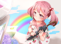 Rule 34 | 1girl, alternate costume, blush, closed mouth, closed umbrella, day, dress, flower, food, food print, fruit, hoshina mako, hydrangea, kantai collection, long hair, outdoors, pastel colors, pink eyes, pink hair, puddle, rainbow, reflection, ringed eyes, sazanami (kancolle), solo, strawberry, strawberry print, twintails, umbrella