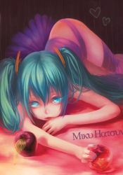 Rule 34 | 1girl, apple, bad id, bad pixiv id, food, fruit, hatsune miku, holding, holding food, holding fruit, lying, pepa, romeo to cinderella (vocaloid), solo, twintails, vocaloid