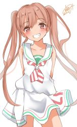 Rule 34 | 1girl, arm behind back, brown eyes, brown hair, calin, contrapposto, dress, grin, highres, kantai collection, libeccio (kancolle), long hair, neckerchief, one-hour drawing challenge, sailor dress, simple background, sleeveless, sleeveless dress, smile, solo, standing, striped neckerchief, striped neckwear, twintails, white background, white dress