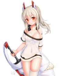 Rule 34 | 1girl, :o, ayanami (azur lane), azur lane, bare shoulders, black panties, blonde hair, blurry, blush, breasts, cleavage, collarbone, covered navel, cowboy shot, dakimakura (object), doyouwantto, head tilt, headphones, holding, holding sword, holding weapon, long hair, looking at viewer, medium breasts, no pants, off-shoulder shirt, off shoulder, panties, parted lips, pillow, ponytail, red eyes, see-through, shirt, short sleeves, sidelocks, signature, simple background, single thighhigh, solo, standing, sword, thighhighs, underwear, v-shaped eyebrows, weapon, white background, white shirt, white thighhighs