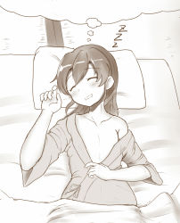 Rule 34 | 10s, 1girl, = =, blanket, blush, dreaming, drooling, closed eyes, flat chest, hair down, japanese clothes, kantai collection, maku ro, monochrome, off shoulder, open mouth, sleeping, solo, zuikaku (kancolle), zzz