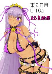 Rule 34 | 1girl, arm garter, arms behind back, bare shoulders, bb (fate), bb (fate) (all), bb (swimsuit mooncancer) (fate), bb (swimsuit mooncancer) (second ascension) (fate), belt, bikini, black garter belt, black gloves, blush, breasts, circle cut, cleavage, closed mouth, collarbone, covered erect nipples, fate/grand order, fate (series), fingerless gloves, garter belt, gloves, gyaru, hair ribbon, highres, hip focus, large breasts, licking lips, long hair, looking at viewer, maru mie, micro shorts, nail polish, navel, neck ribbon, one eye closed, purple bikini, purple eyes, purple hair, purple nails, purple ribbon, ribbon, short shorts, shorts, simple background, smile, solo, star (symbol), studded garter belt, swimsuit, tan, thighs, tiara, tongue, tongue out, very long hair, white background, white belt