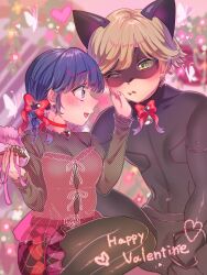 Rule 34 | 1boy, 1girl, adrien agreste, animal ears, black mask, black shirt, blonde hair, blue eyes, blue hair, blush, bug, butterfly, cat ears, chat noir, green eyes, hair ribbon, hand on own face, happy, happy valentine, highres, insect, leather, looking at viewer, marinette dupain-cheng, mask, miraculous ladybug, one eye closed, red ribbon, red skirt, ribbon, shana3378, shirt, sitting, skirt, smile, superhero costume, valentine