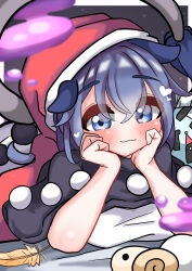Rule 34 | 1girl, :3, absurdres, black capelet, blue eyes, blue hair, blush, capelet, closed mouth, commentary request, doremy sweet, eyes visible through hair, feathers, hands on own cheeks, hands on own face, hat, heart, highres, kkfri 2525, lying, on bed, on stomach, red hat, shirt, short hair, solo, touhou, white shirt