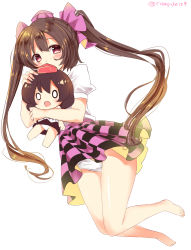 Rule 34 | 1girl, artist name, bare legs, barefoot, black hair, black skirt, blush, brown hair, character doll, checkered clothes, checkered skirt, commentary request, covered mouth, doll, feet, full body, hair between eyes, hair ribbon, hat, highres, himekaidou hatate, holding, holding doll, jumping, long hair, looking at viewer, miniskirt, o o, open mouth, panties, pantyshot, pink eyes, puffy short sleeves, puffy sleeves, purple ribbon, purple skirt, ramudia (lamyun), ribbon, shameimaru aya, shiny skin, shirt, short hair, short sleeves, simple background, skirt, solo, thighs, tokin hat, touhou, twintails, twitter username, underwear, very long hair, white background, white panties, white shirt