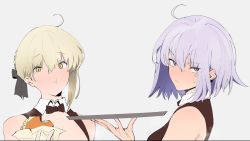 Rule 34 | 2girls, :t, ahoge, artoria pendragon (all), artoria pendragon (fate), black bow, blonde hair, blush, bow, bowtie, brown legwear, burger, closed mouth, commentary request, detached collar, eating, fate/grand order, fate (series), food, grey hair, hair between eyes, hair bow, highres, holding, holding food, jeanne d&#039;arc (fate), jeanne d&#039;arc alter (avenger) (fate), jeanne d&#039;arc alter (fate), jikatarou, looking at viewer, multiple girls, purple eyes, saber alter, short hair, sweatdrop, tray, wing collar, yellow eyes