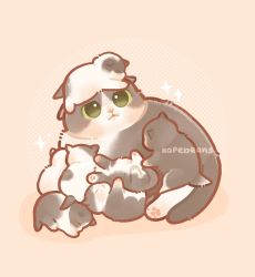 Rule 34 | animal, animal focus, animal on head, artist name, cat, cat on head, closed mouth, commentary request, frown, green eyes, highres, kapebeansies, kitten, looking at viewer, no humans, on head, original, pink background, sad, shadow, simple background, sparkle, watermark